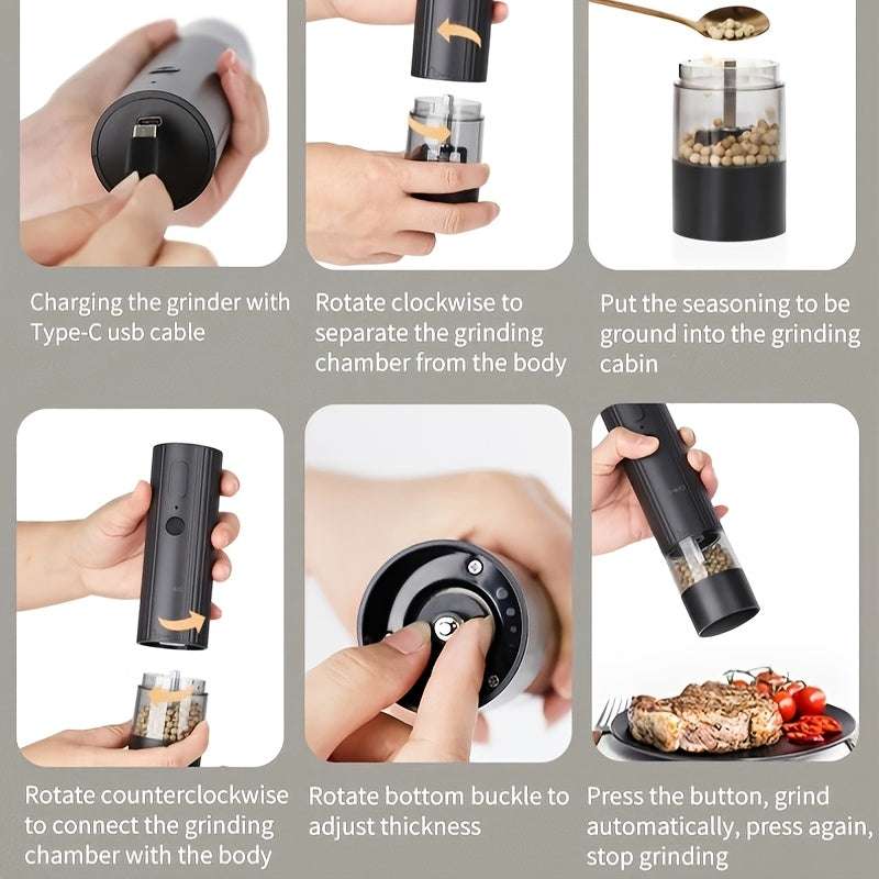 Salt & Pepper Grinder Set 2pcs Electric , Sleek Black, Rechargeable via USB, Adjustable Coarseness, One-Hand Operation, No Batteries Needed - Perfect for Home Kitchen