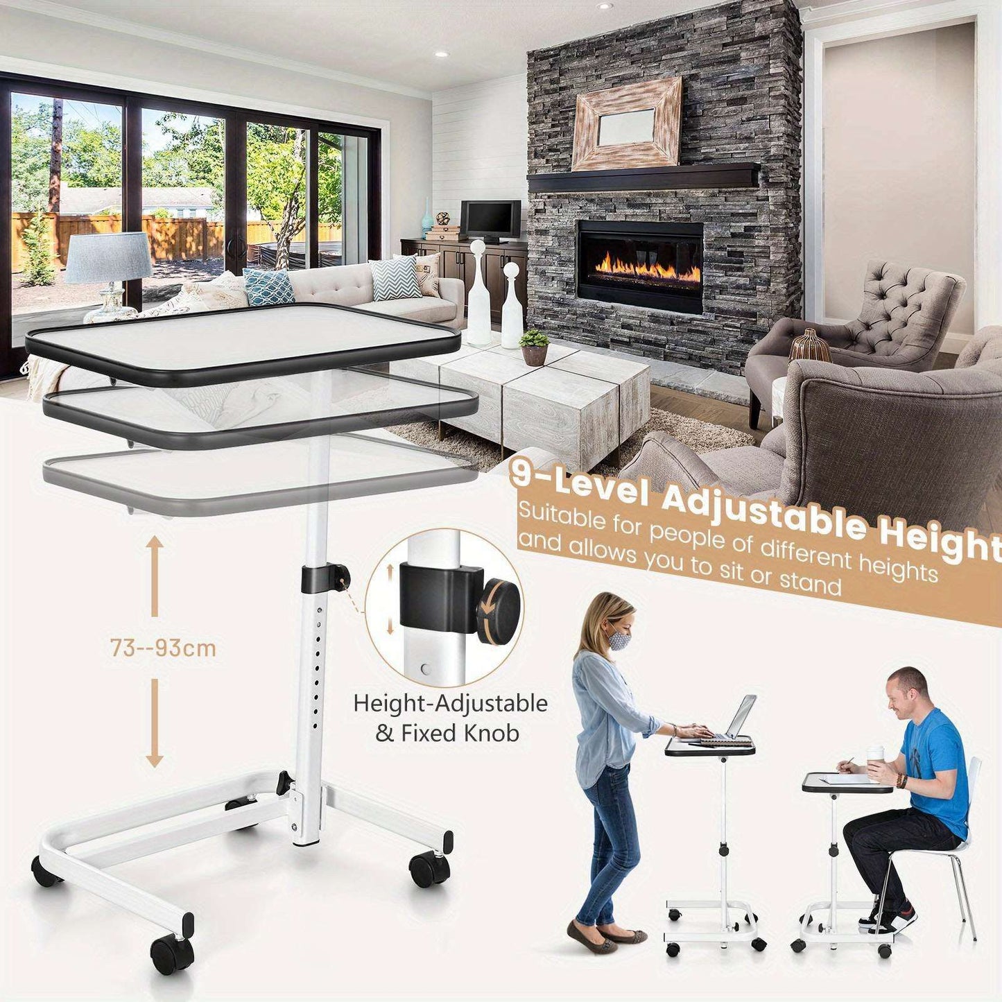 Mobile Table White Bedside Laptop Desk Height Adjustable Computer w/Multi-Angle - Portable Overbed