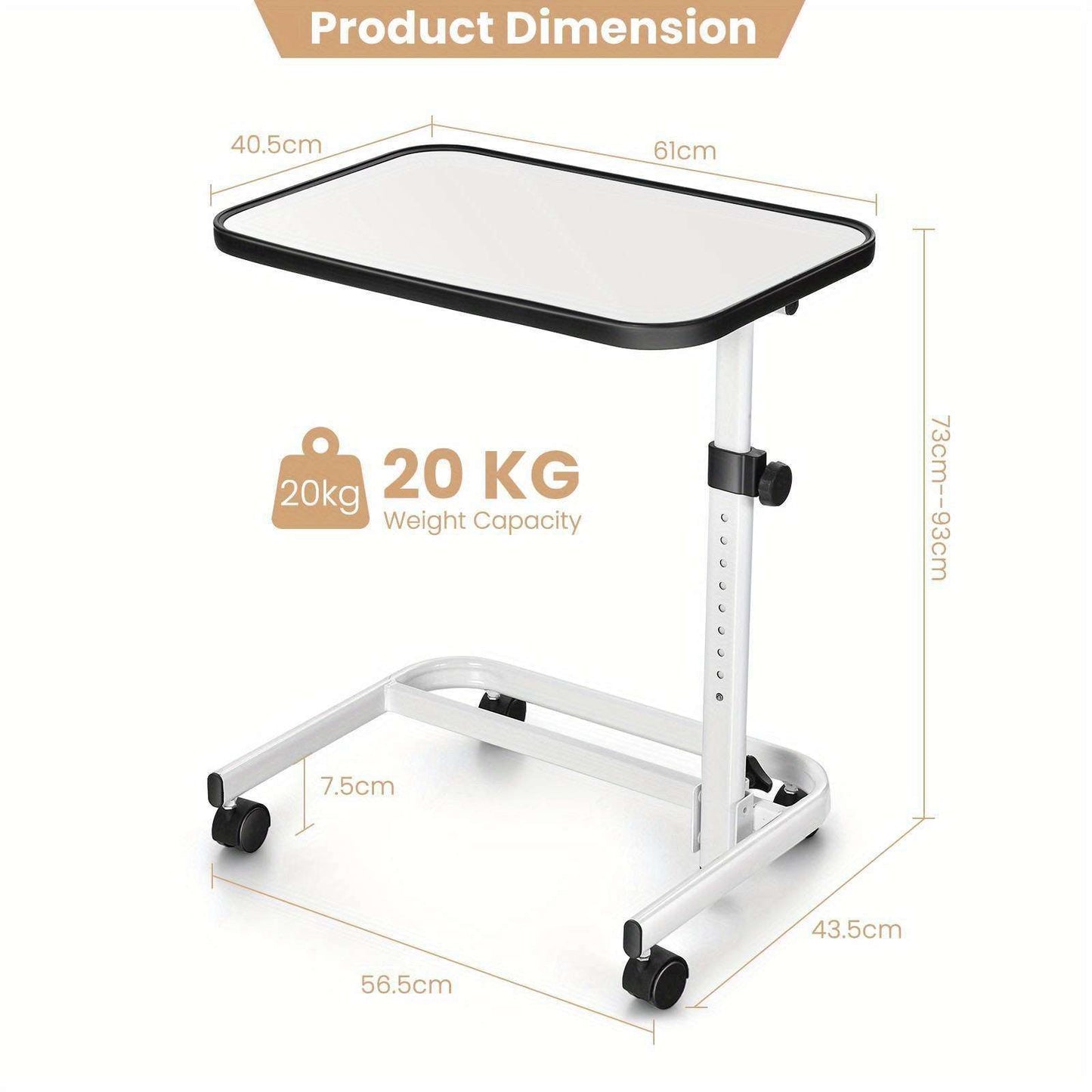 Mobile Table White Bedside Laptop Desk Height Adjustable Computer w/Multi-Angle - Portable Overbed