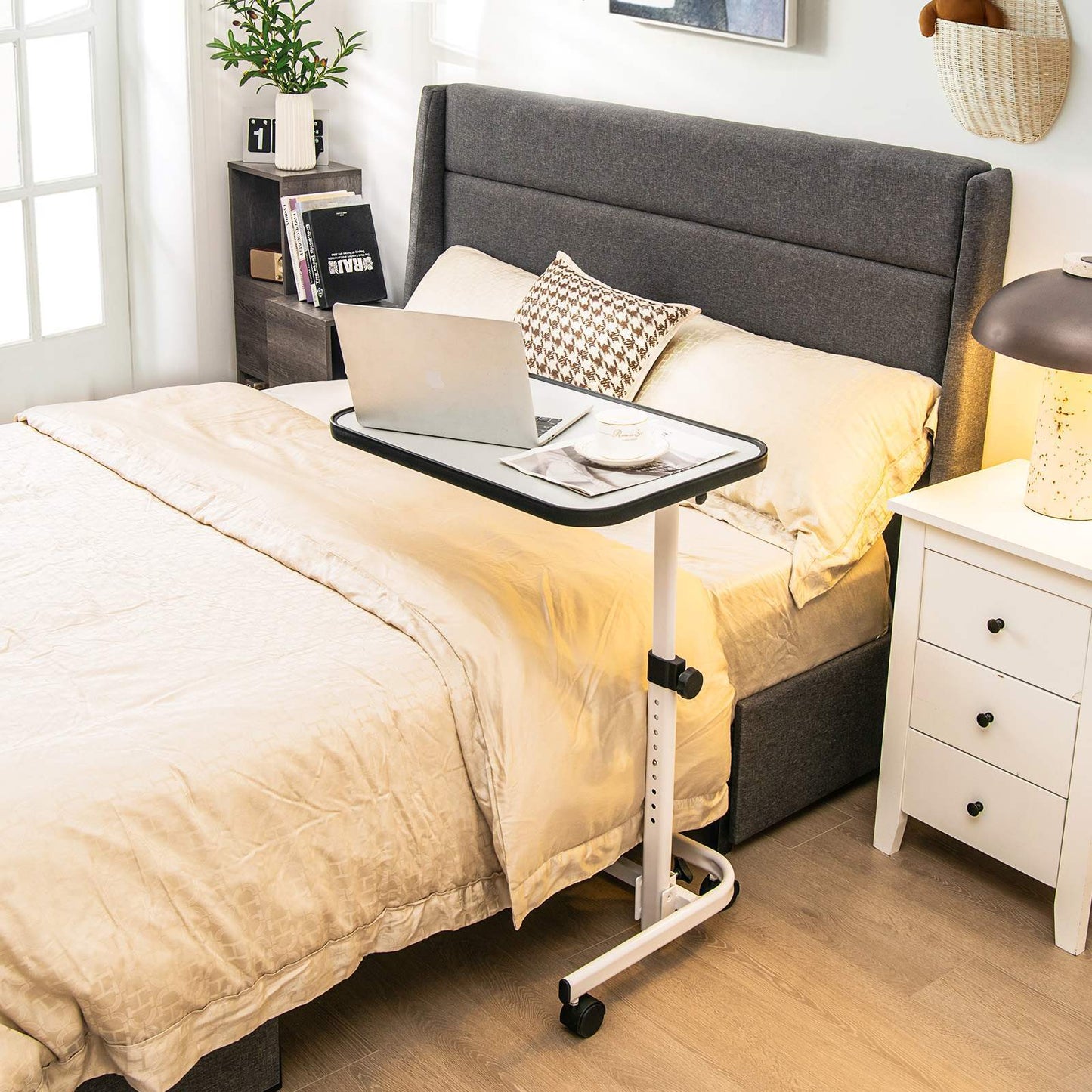 Mobile Table White Bedside Laptop Desk Height Adjustable Computer w/Multi-Angle - Portable Overbed