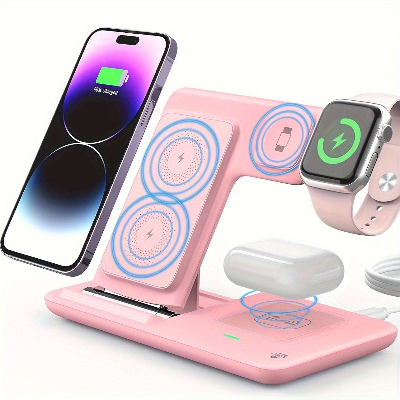 3-in-1 Folding Wireless Charging Station, Suitable for iPhone 15, 14, 13, 12, 11/Pro/Max/Mini/Plus, X, XR, XS/Max, SE, 8/Plus and iWatch 1-9, Airpods 3/2/Pro