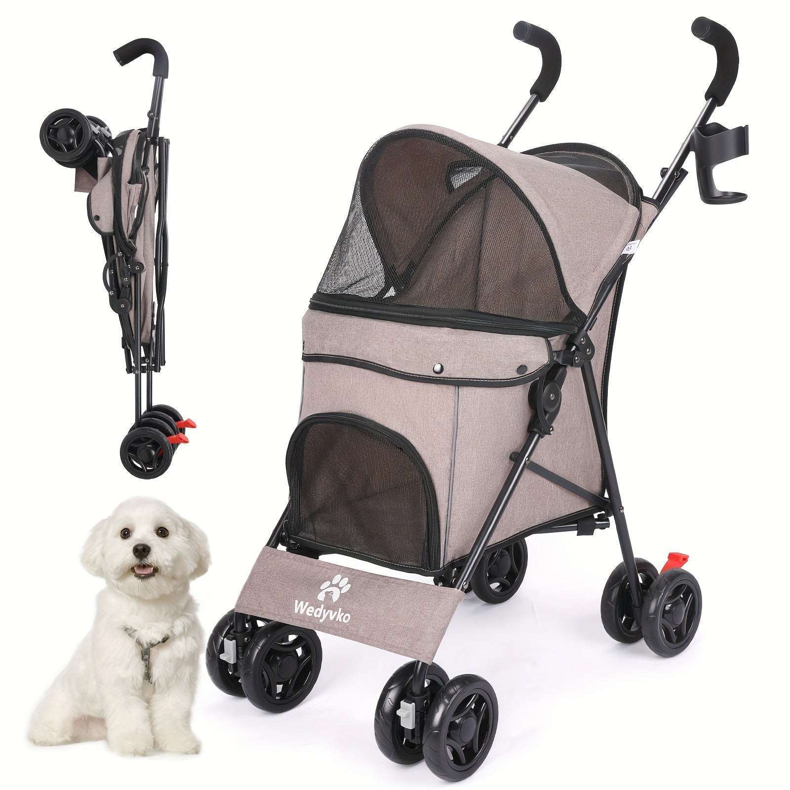 Portable Pet Stroller for Dogs & Cats - Durable Alloy Steel Frame, Linen Fabric, Coffee Brown