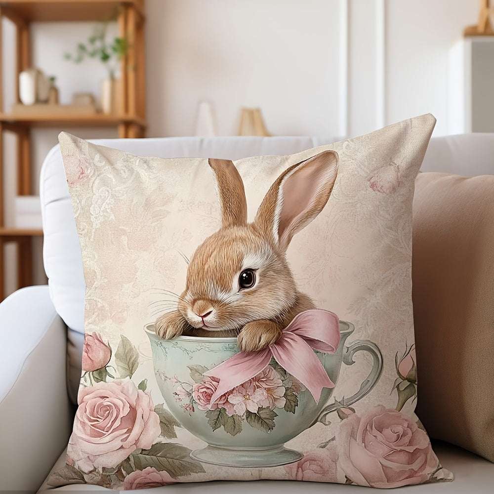 1pc Contemporary Style, Tea Cup Bunny with Bow Easter Decorative Throw Pillow Cover, 45.01x45.01 cm