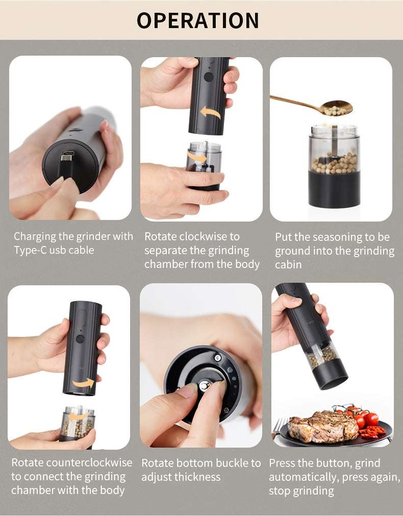 Salt & Pepper Grinder Set 2pcs Electric , Sleek Black, Rechargeable via USB, Adjustable Coarseness, One-Hand Operation, No Batteries Needed - Perfect for Home Kitchen