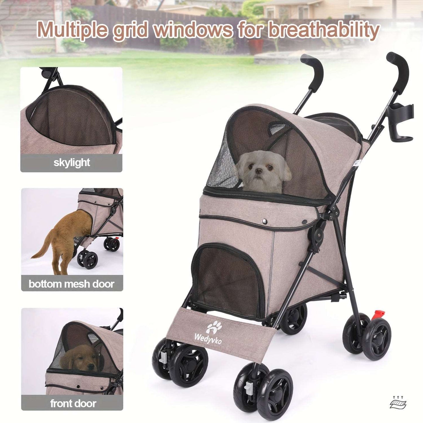 Portable Pet Stroller for Dogs & Cats - Durable Alloy Steel Frame, Linen Fabric, Coffee Brown