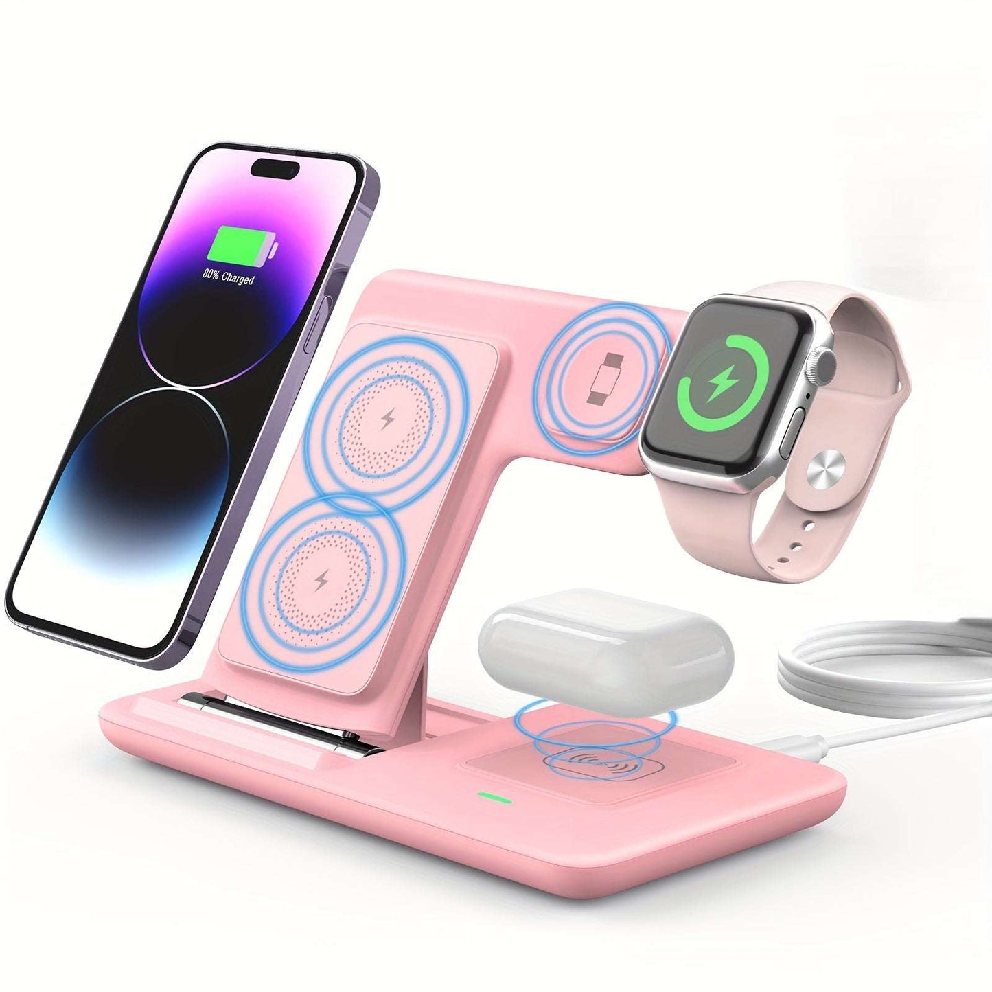 3-in-1 Folding Wireless Charging Station, Suitable for iPhone 15, 14, 13, 12, 11/Pro/Max/Mini/Plus, X, XR, XS/Max, SE, 8/Plus and iWatch 1-9, Airpods 3/2/Pro