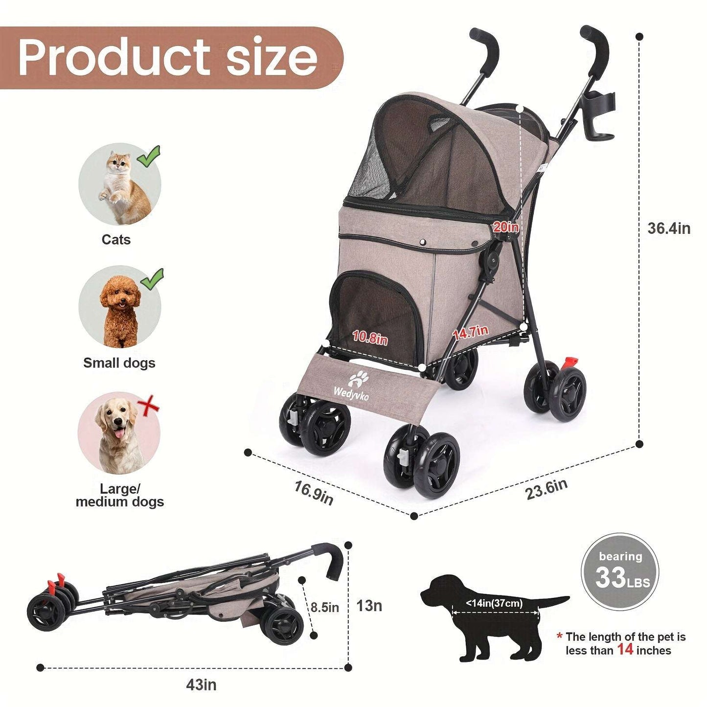 Portable Pet Stroller for Dogs & Cats - Durable Alloy Steel Frame, Linen Fabric, Coffee Brown