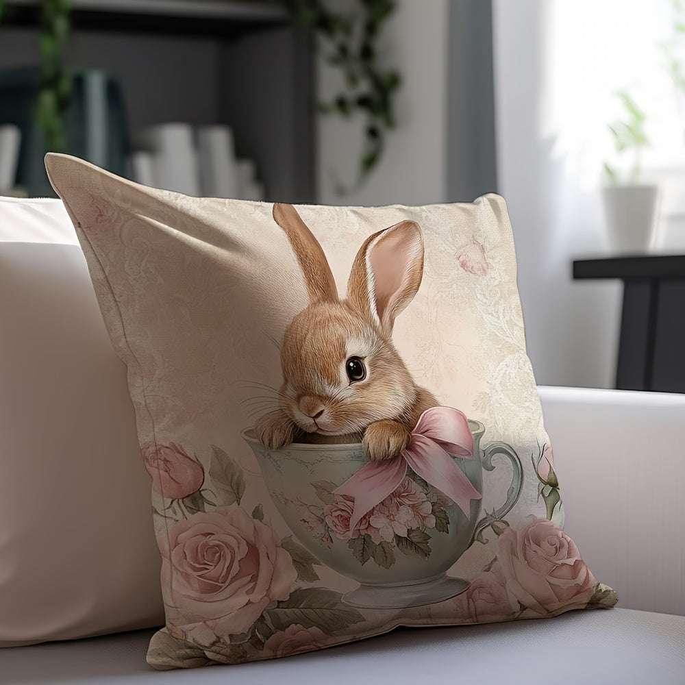 1pc Contemporary Style, Tea Cup Bunny with Bow Easter Decorative Throw Pillow Cover, 45.01x45.01 cm