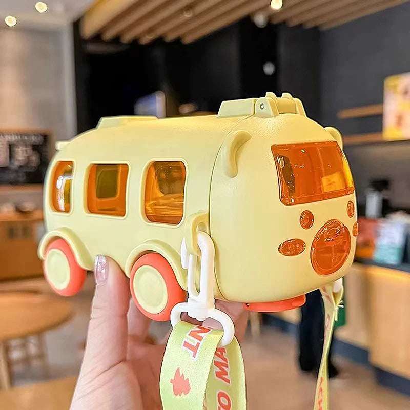 Fun 2 in 1 - Bus-shaped portable water bottle for kids with shoulder strap & 500 ml water cup