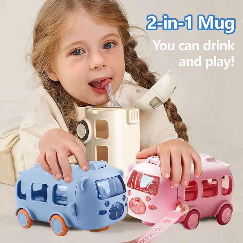 Fun 2 in 1 - Bus-shaped portable water bottle for kids with shoulder strap & 500 ml water cup