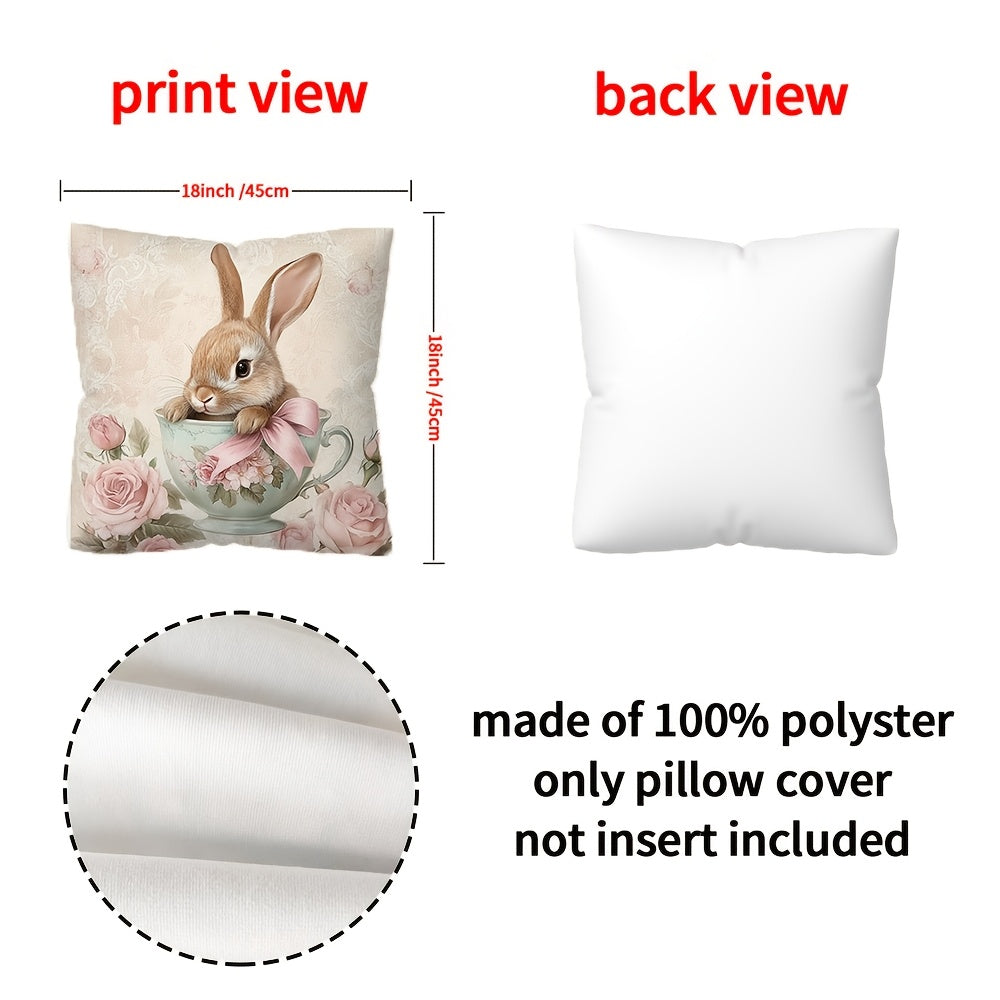 1pc Contemporary Style, Tea Cup Bunny with Bow Easter Decorative Throw Pillow Cover, 45.01x45.01 cm