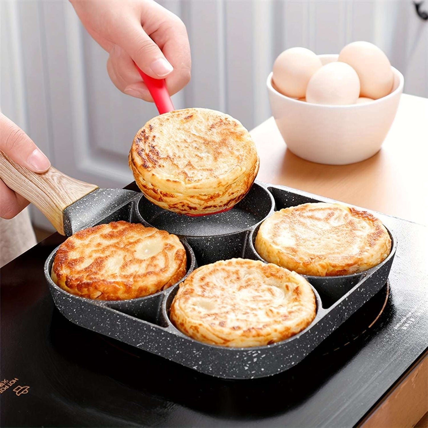 Essential Frying Pan for Eggs ans Pancakes - 4-Hole Non-Stick Frying Pan Made of Maifan Stone