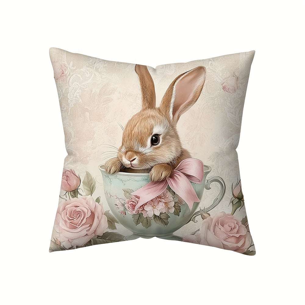 1pc Contemporary Style, Tea Cup Bunny with Bow Easter Decorative Throw Pillow Cover, 45.01x45.01 cm