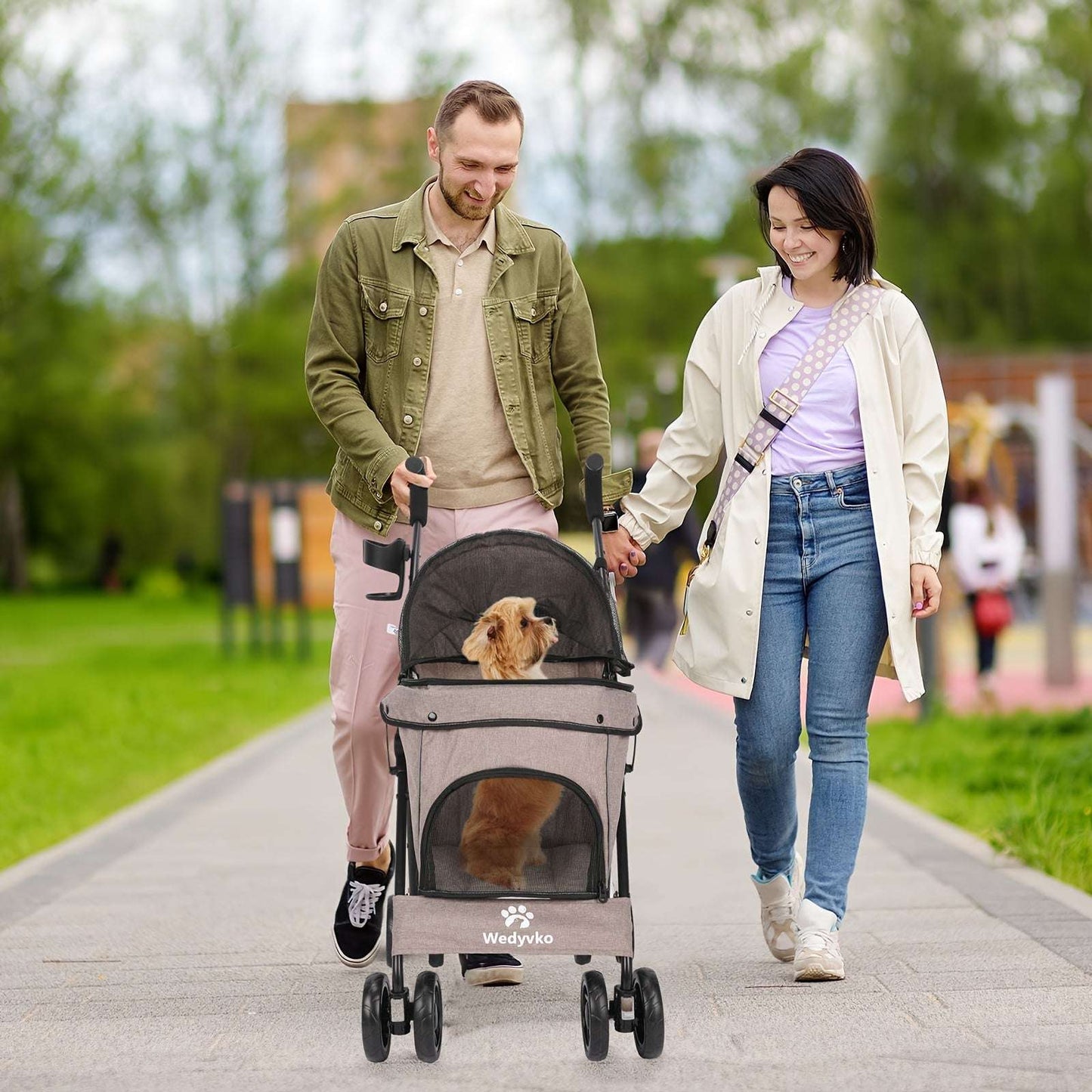 Portable Pet Stroller for Dogs & Cats - Durable Alloy Steel Frame, Linen Fabric, Coffee Brown