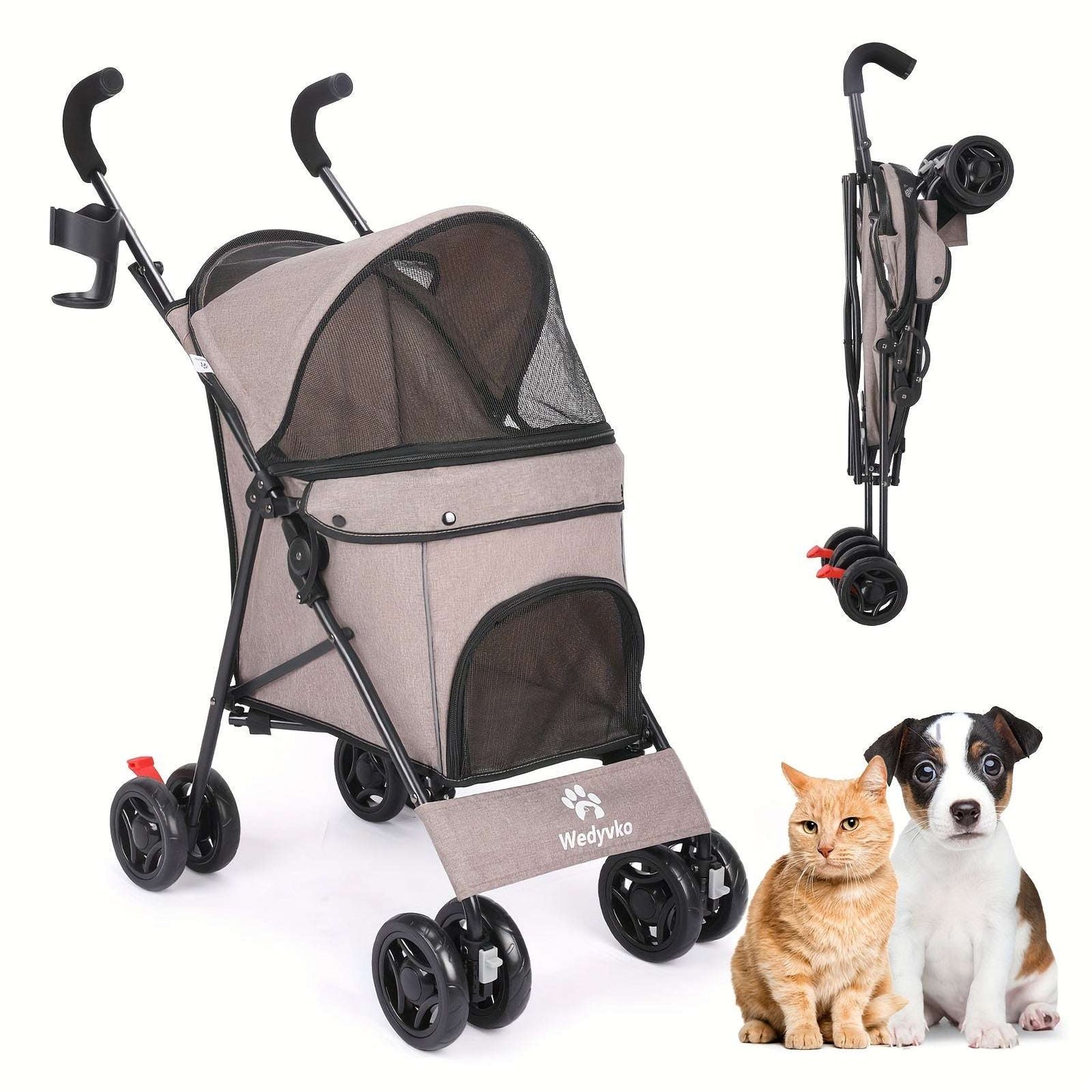 Portable Pet Stroller for Dogs & Cats - Durable Alloy Steel Frame, Linen Fabric, Coffee Brown