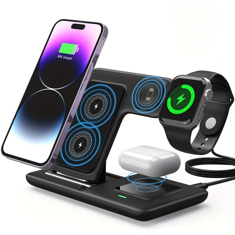 3-in-1 Folding Wireless Charging Station, Suitable for iPhone 15, 14, 13, 12, 11/Pro/Max/Mini/Plus, X, XR, XS/Max, SE, 8/Plus and iWatch 1-9, Airpods 3/2/Pro