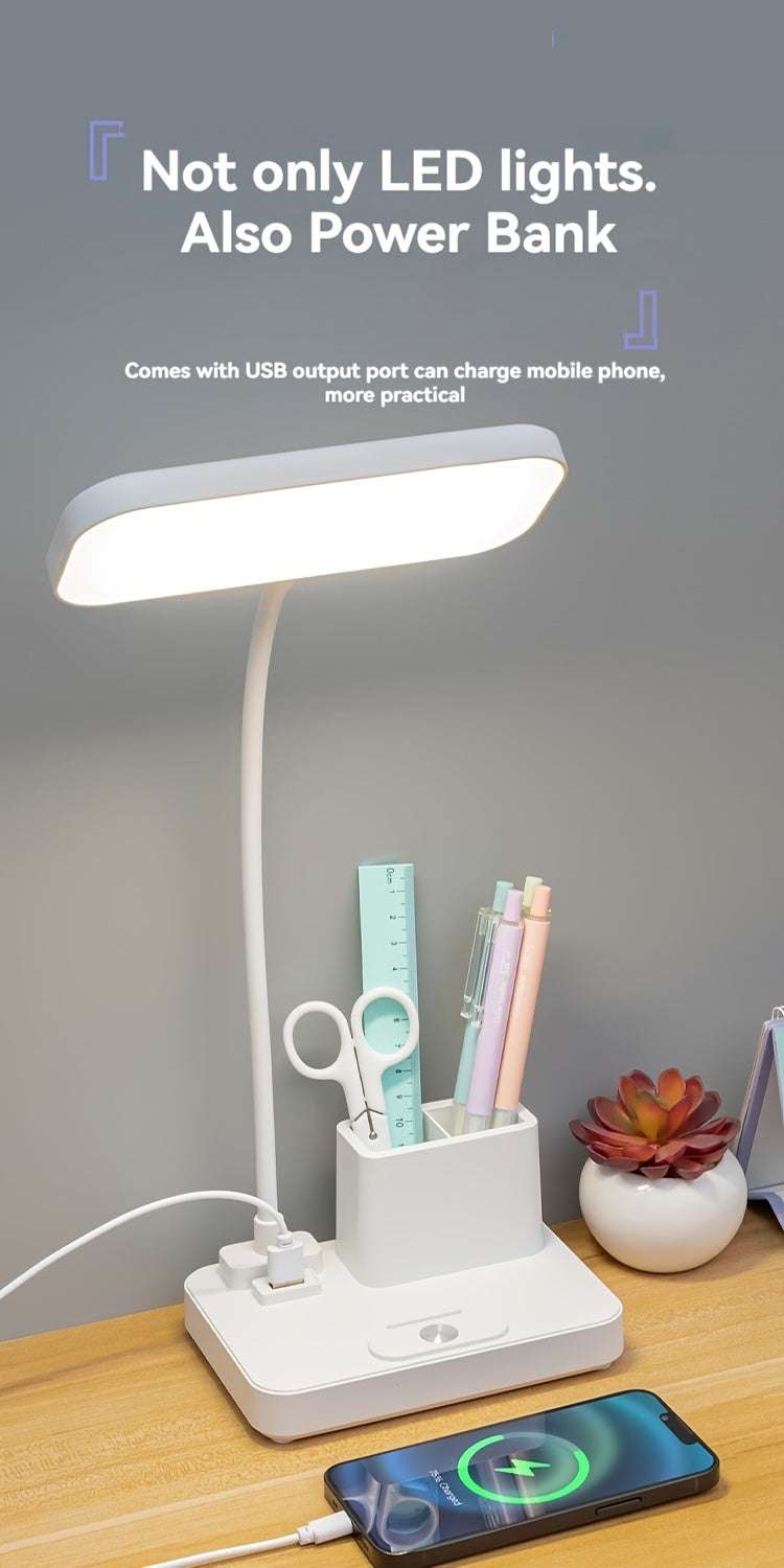 Adjustable Brightness LED Desk Lamp with Touch Control - 3-Level Dimmable, USB Rechargeable, Eye-Care Reading Light with Pen Holder & Mini Fan, White, Desk Lamps for Home Office