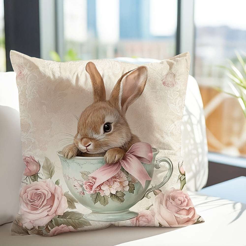 1pc Contemporary Style, Tea Cup Bunny with Bow Easter Decorative Throw Pillow Cover, 45.01x45.01 cm