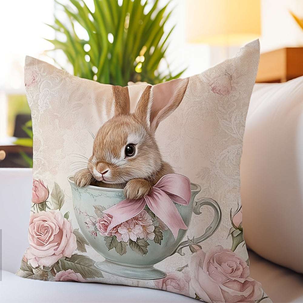 1pc Contemporary Style, Tea Cup Bunny with Bow Easter Decorative Throw Pillow Cover, 45.01x45.01 cm