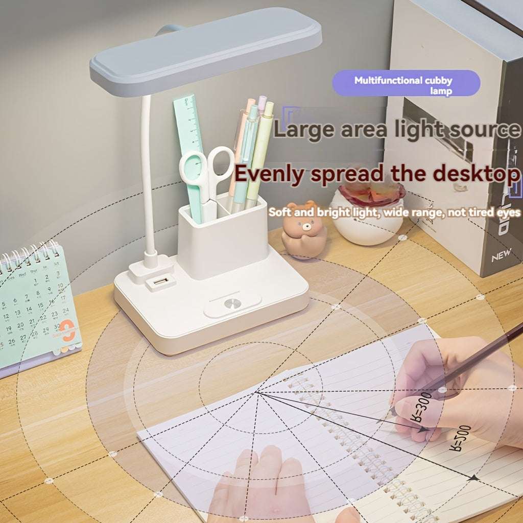 Adjustable Brightness LED Desk Lamp with Touch Control - 3-Level Dimmable, USB Rechargeable, Eye-Care Reading Light with Pen Holder & Mini Fan, White, Desk Lamps for Home Office