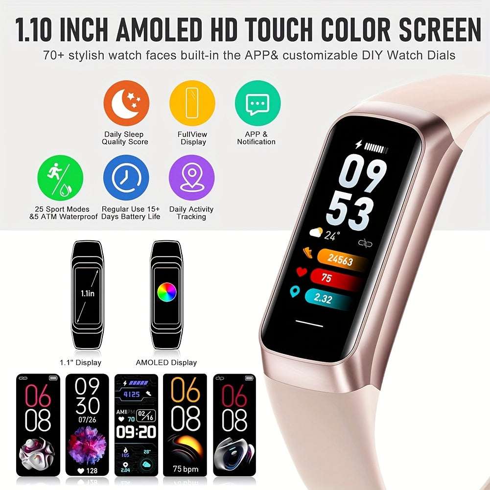 Smart Watch Fitness Tracker - 1.1" Amoled Display, Ultra-Thin C60 25+ Sports Modes, Step & Calorie Counter for Android & for iPhone, Silicone Band, Pink, Activity Tracker, Women Men